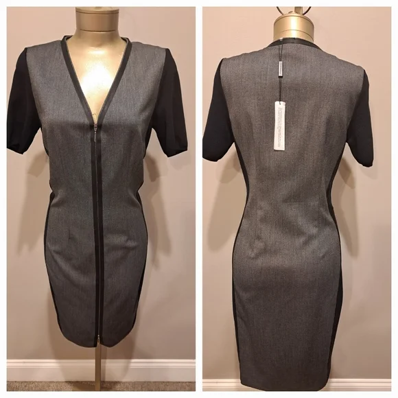 Elie Tahari Mila Black & Grey Short Sleeve Pencil Dress With Point Zipper - Picture 2 of 9